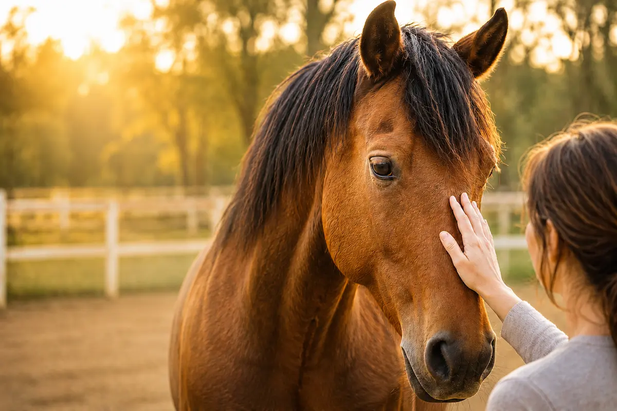 Cheval au regard expressif auprès de son humaine dans un paddock