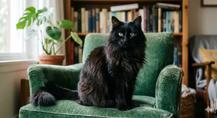 Magnifique chat noir à poils longs assis sereinement sur un fauteuil vert, illustrant le cas pratique de soins énergétiques d'urgence pour animaux.